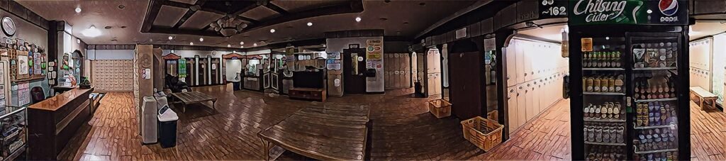 The locker and resting area inside a Korean jjimjilbang bathhouse and sauna