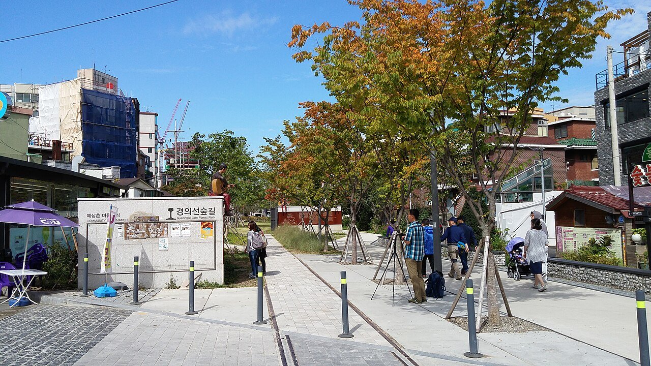 Gyeongui Line Forest Trail near Hongdae with cafes along the old rail line