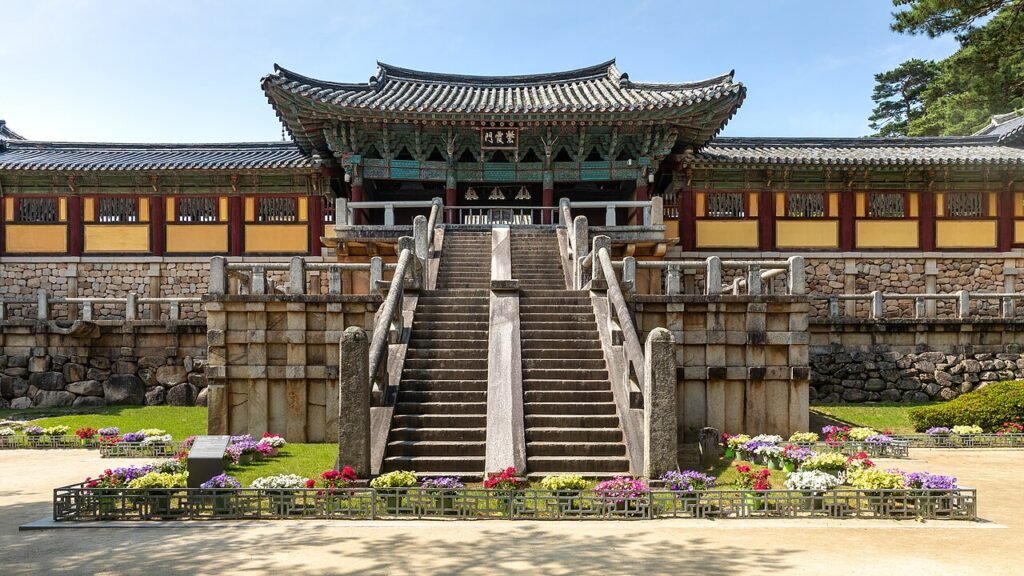 Stone terraces and entrance stairways of Bulguksa Temple in Gyeongju