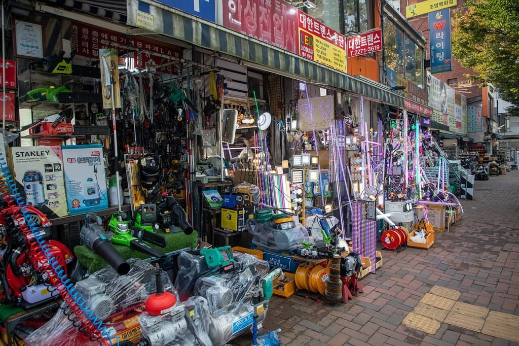 Neon-lit shopfront at night in the Euljiro district of Seoul
