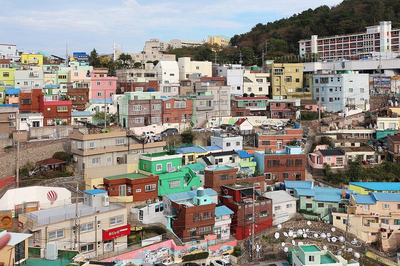 Panoramic view over the pastel rooftops of Gamcheon Culture Village, Busan