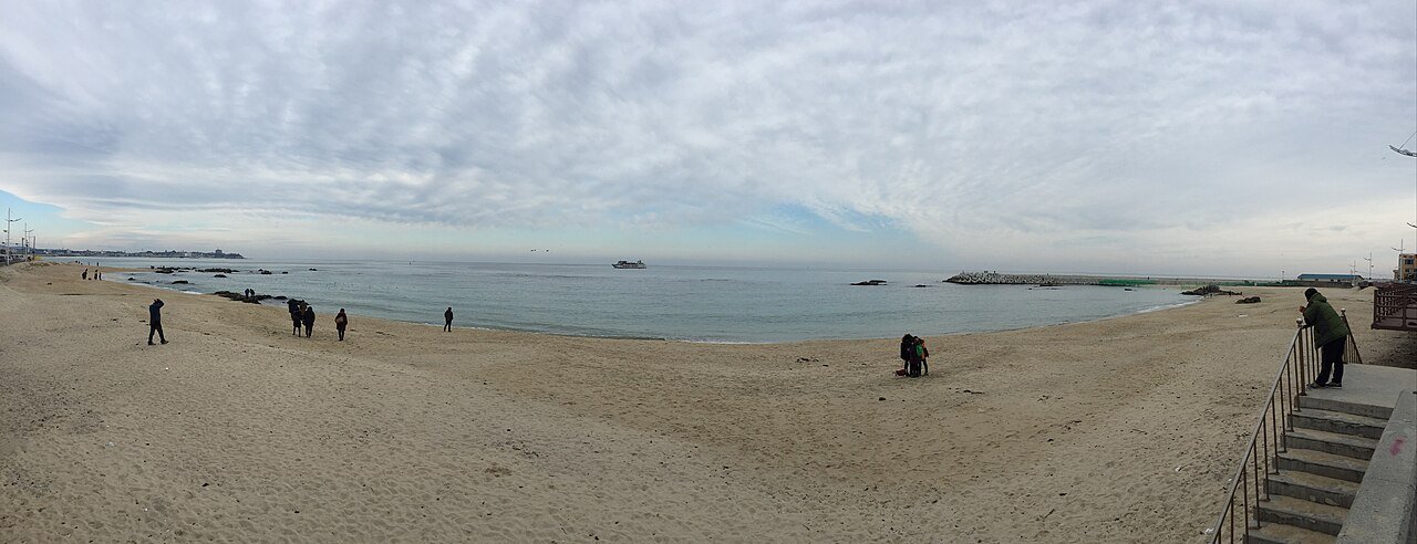 Panorama of Yeongjin Beach and its breakwater on the Gangwon coast