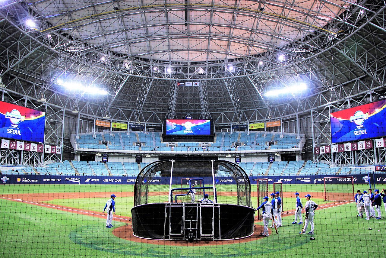 Interior of the Gocheok Sky Dome during a baseball game in Seoul