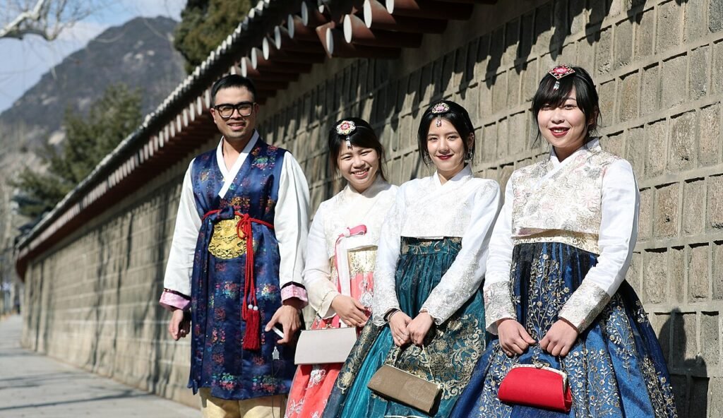 Visitors in hanbok at Gyeongbokgung Palace in Seoul