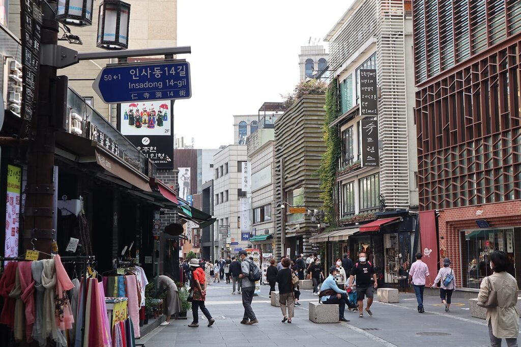 Street in Insa-dong, Seoul, lined with Hangul shop signs