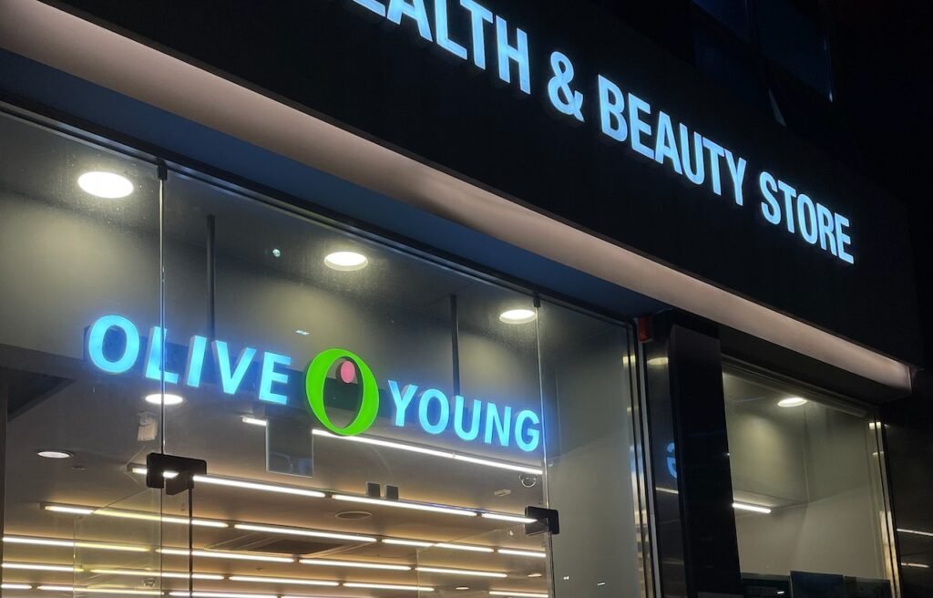An Olive Young K-beauty store front in Korea