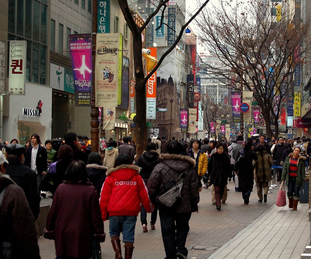 Crowded shopping street in Myeongdong, central Seoul
