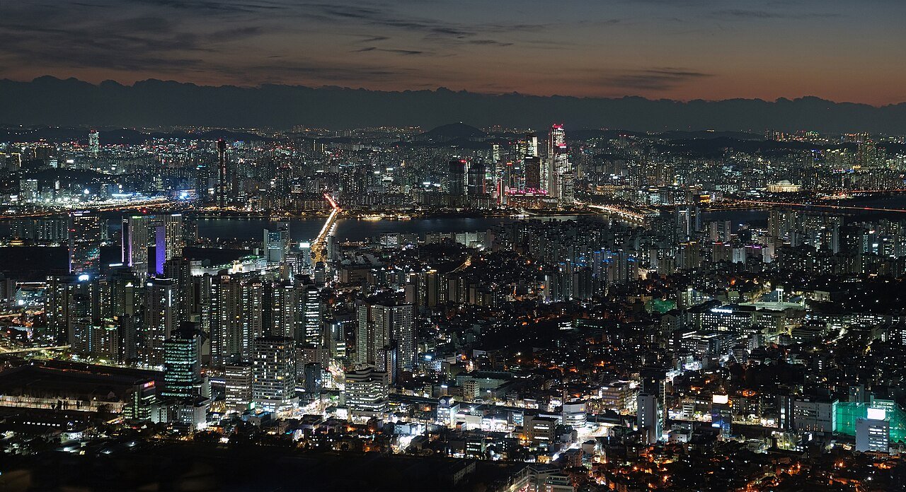 N Seoul Tower rising above Namsan Mountain in central Seoul