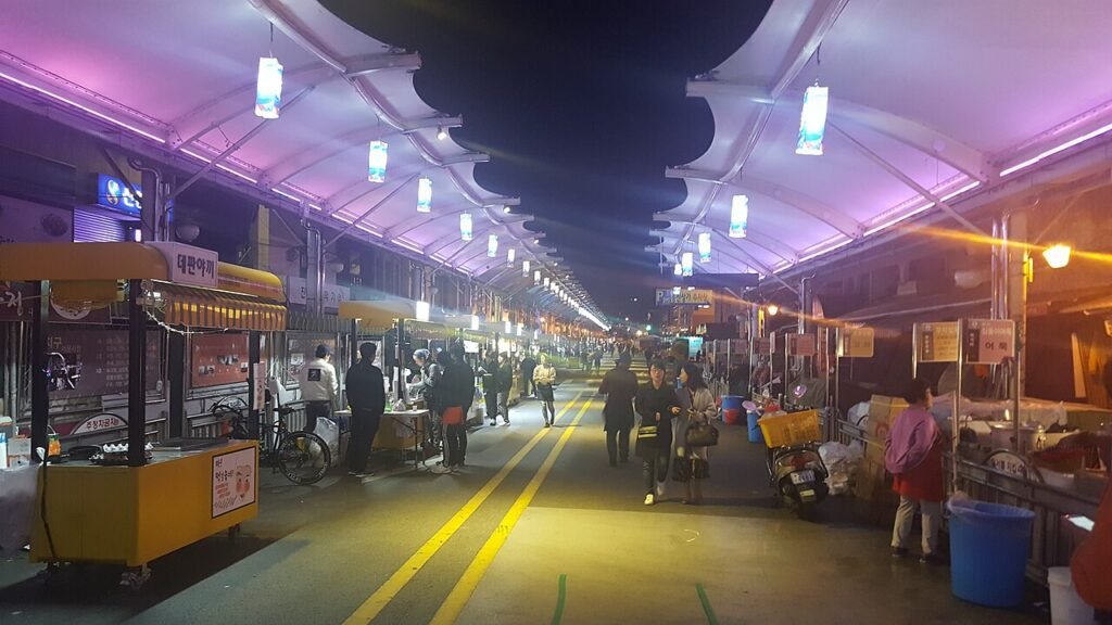 Food stalls glowing after dark at Seomun Night Market in Daegu