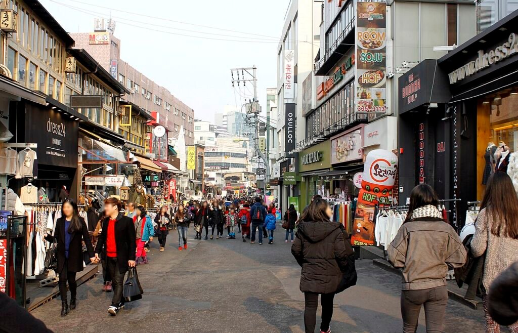 Busy street in the Hongdae nightlife and youth district of Seoul