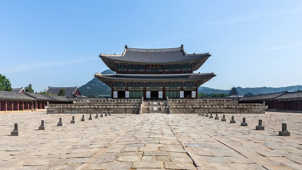 Geunjeongjeon throne hall at Gyeongbokgung Palace under a blue sky in Jongno, Seoul