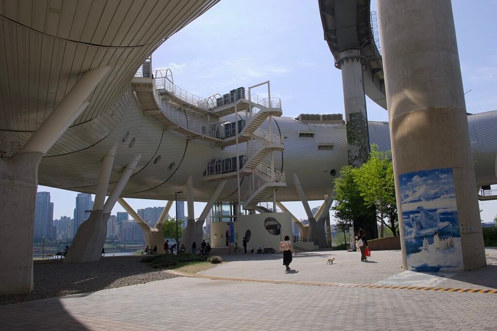 Riverside lawns and walkways of Ttukseom Hangang Park along the Han River in Seoul
