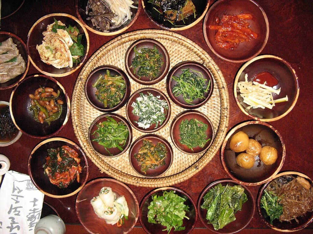 A spread of Korean Buddhist temple cuisine with vegetable side dishes