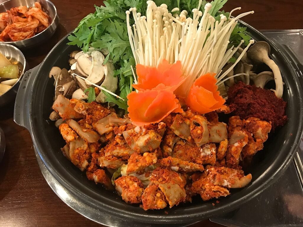 A bubbling hot pot of Korean gopchang (beef tripe) stew