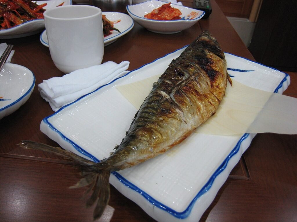 Korean grilled fish (saengseon-gui) served at the table