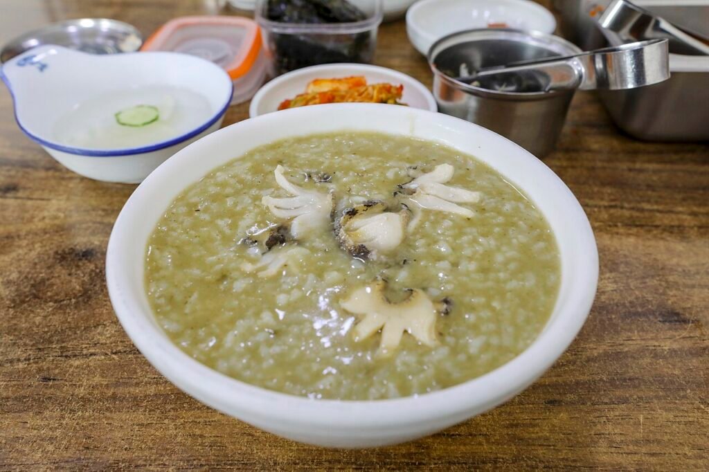 Bowl of Korean abalone porridge (jeonbok-juk), a Jeju specialty