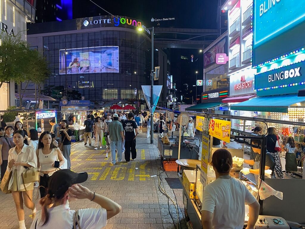 Street food stalls at the Myeongdong night market in Seoul