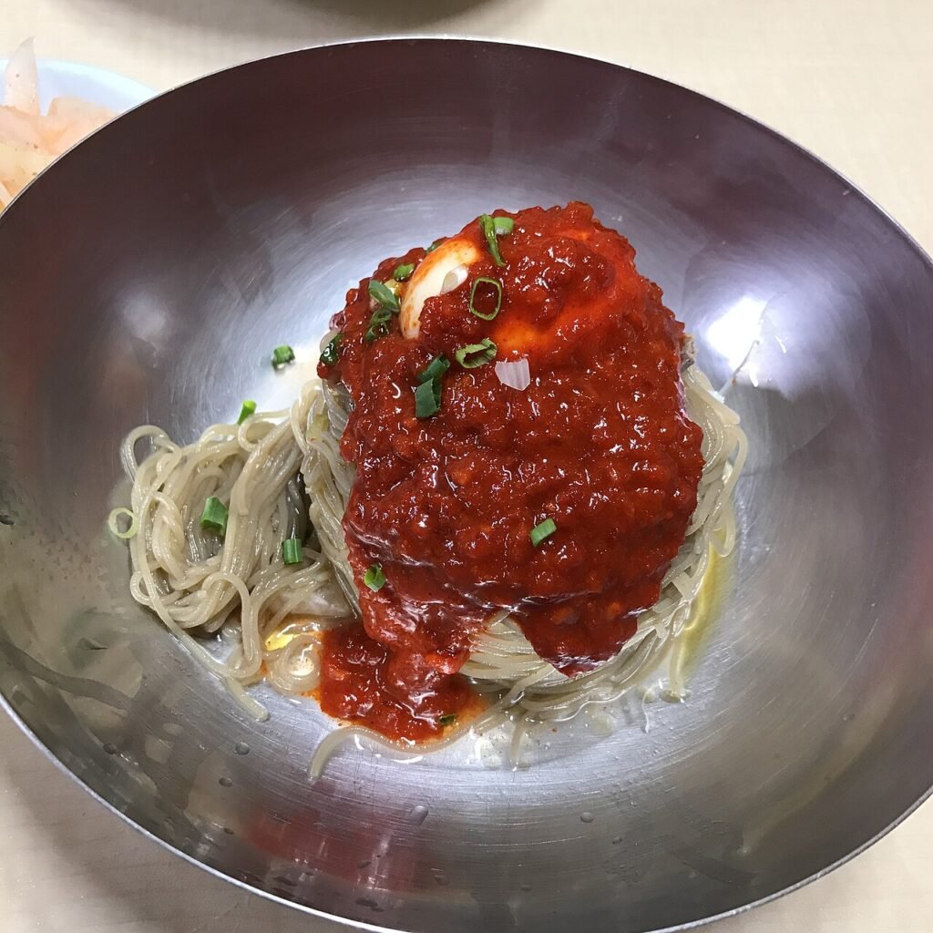 Bibim naengmyeon, spicy Hamheung-style cold noodles popular in Seongsu