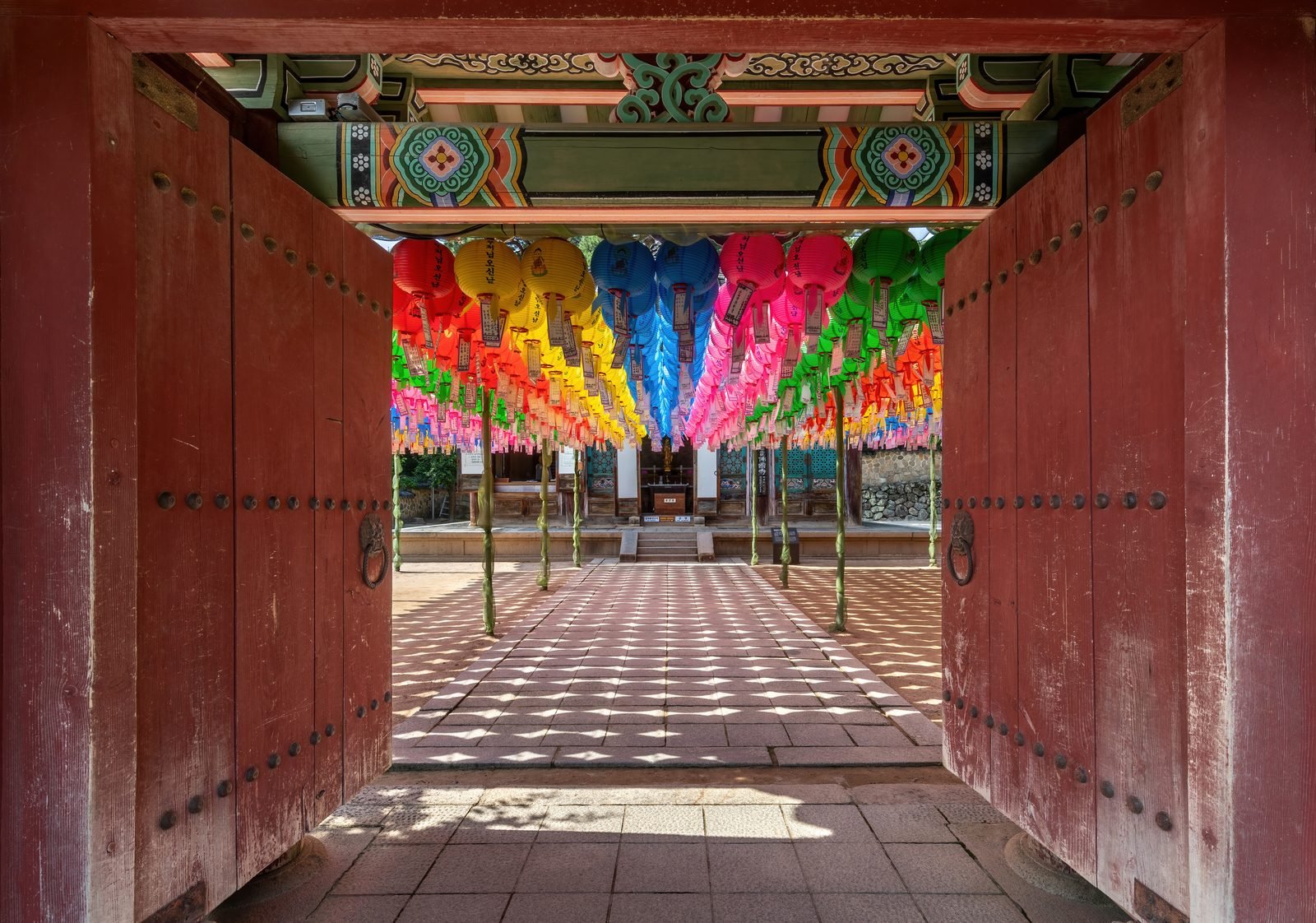 Rows of paper lanterns strung through a courtyard at Bulguksa Temple