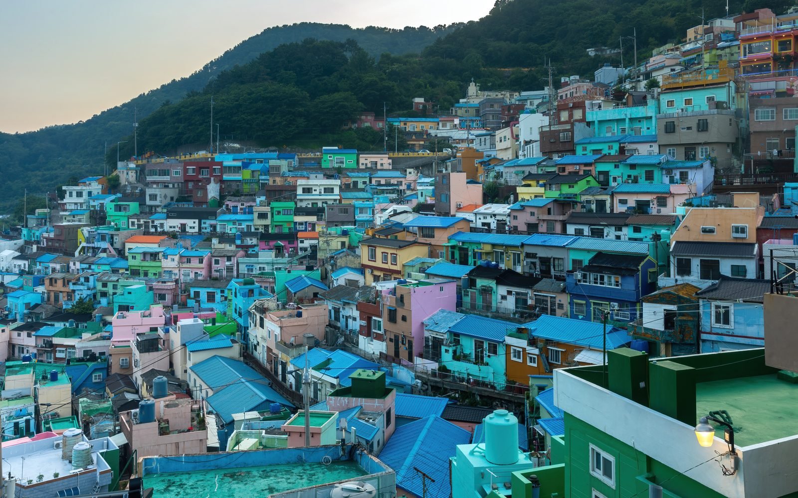 Colorful houses in Gamcheon Culture Village at sunset in Busan