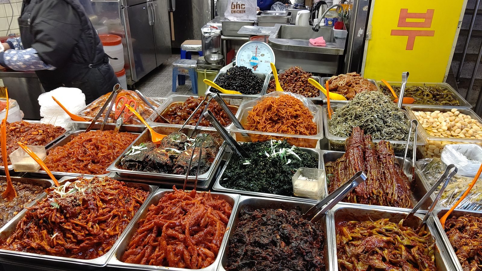 A banchan side dish stall at Gwangjang Market in Seoul
