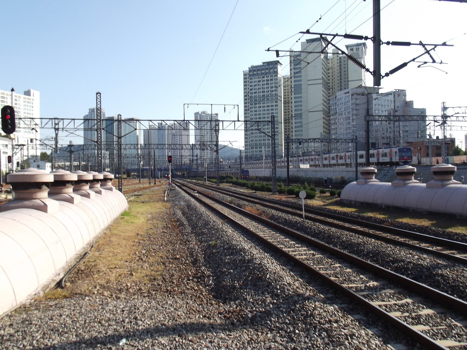 Trains standing beside the platform at Yongsan Station in Seoul