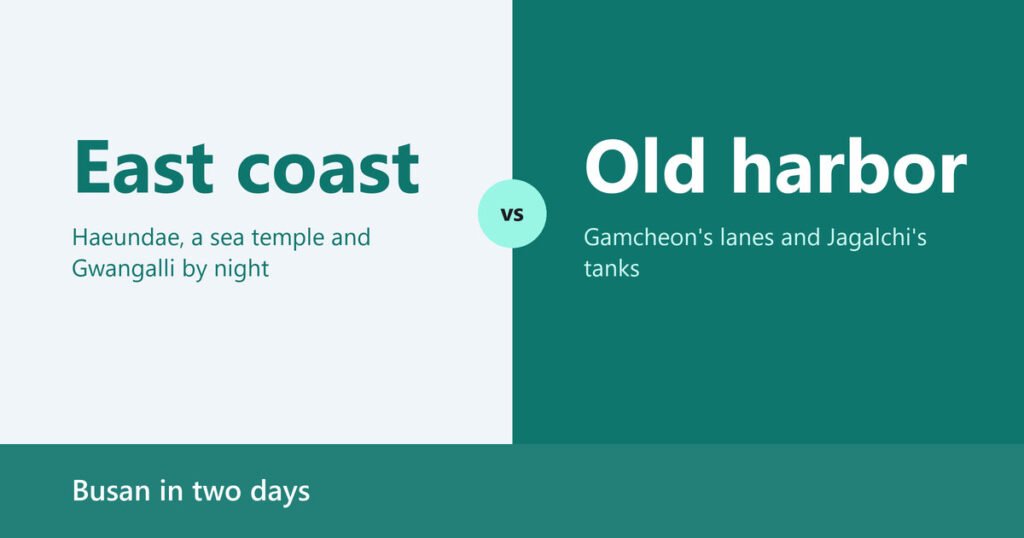 Split title card contrasting the east coast plan for Day One with the old harbor plan for Day Two in Busan
