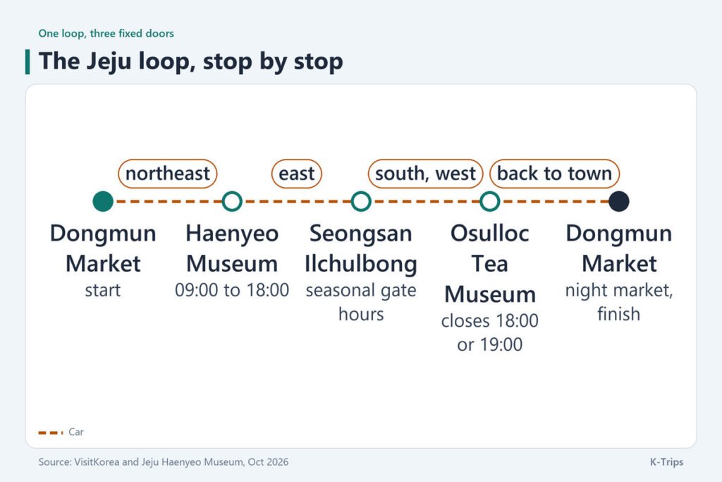 Route sketch of a Jeju loop from Dongmun Market through the Haenyeo Museum, Seongsan Ilchulbong and the Osulloc Tea Museum and back to Dongmun Market